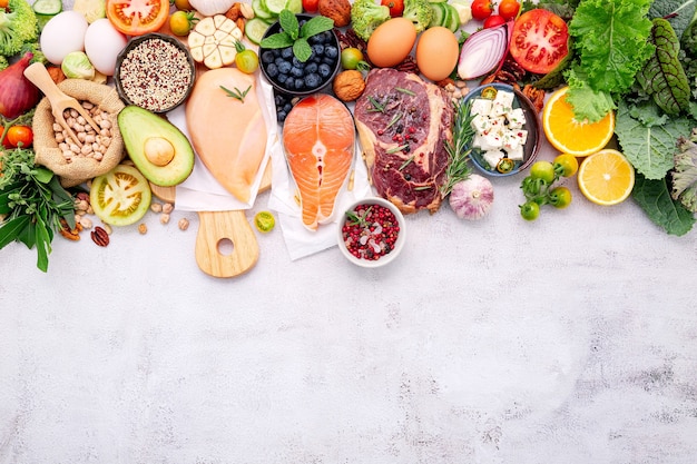 Healthy food on white marble background