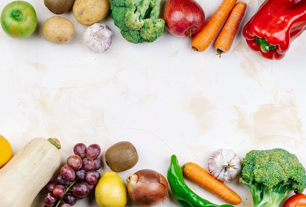 Healthy food on white textured background