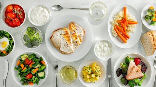 Photo healthy food on a white wooden table top view