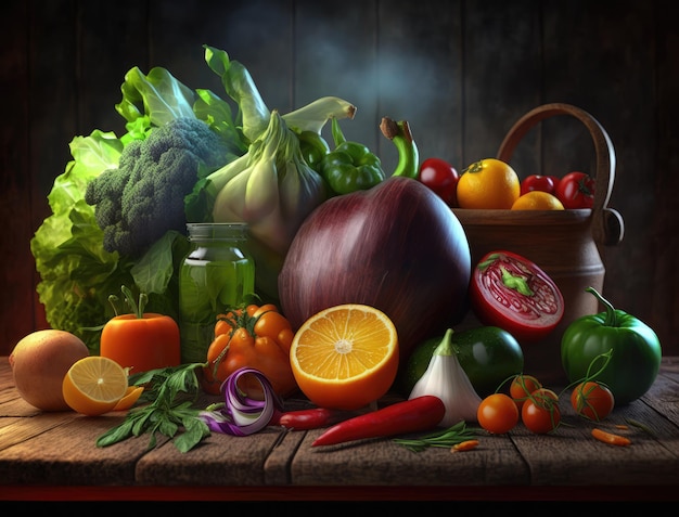 나무 테이블에 야채 과일을 곁들인 건강한 음식 Generative AI