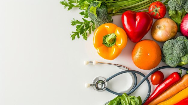 Healthy foodfruitsvegetable stethoscope and red heart on white background for the health concept