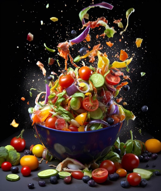 Healthy foods on black background with lots of food in a bowl