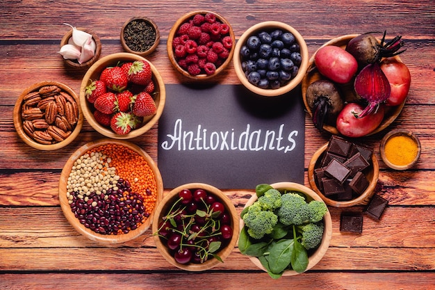 Healthy foods high in antioxidants top view