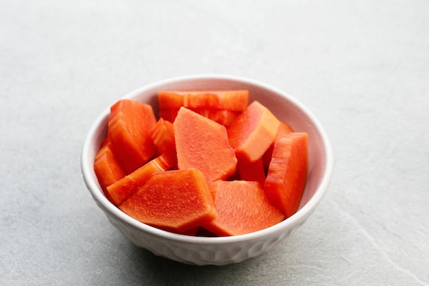 Healthy and fresh cut papaya fruit or sliced papaya served in a bowl Selected focus