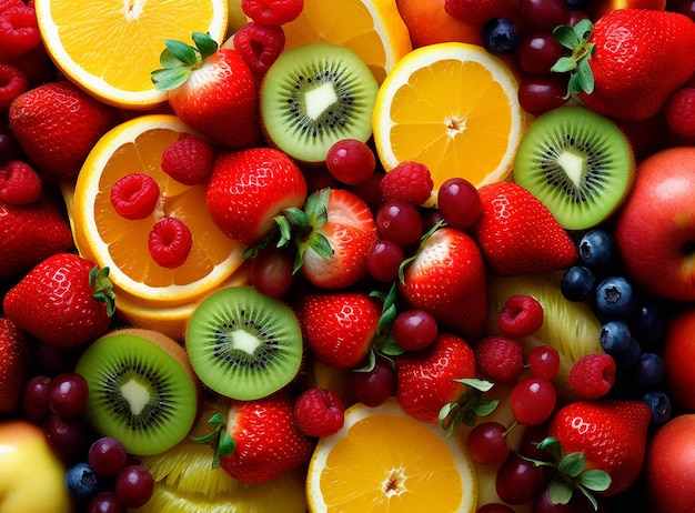 Healthy fresh fruit salad background Top view