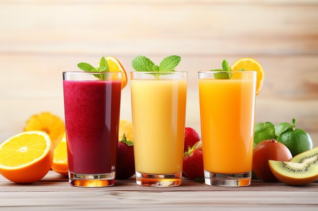 Здоровый свежий фруктовый и овощный сок с фруктами на пустой деревянной столешнице на светлом фоне