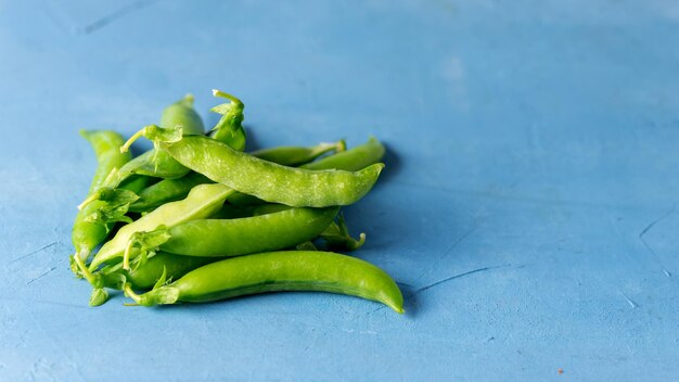 Healthy Fresh Green Peas Raw Peas Blue Background Copy Space