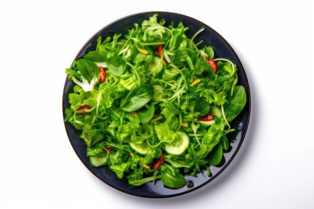 Photo healthy fresh green salad plate shot from above on white background