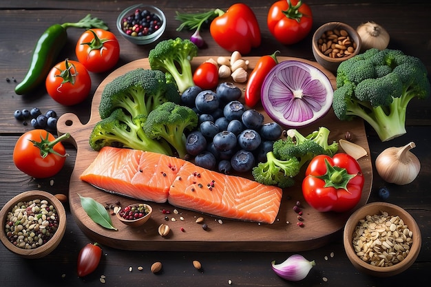 Healthy fresh raw food for the heart in a banner format on rustic wood with salmon