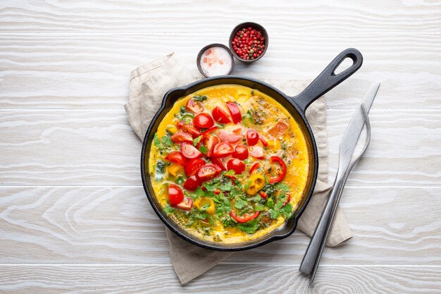 Healthy frittata in cast iron pan with fried beaten eggs and seasonal vegetables on white rustic wooden background. Italian omelette with organic spinach, bell pepper, tomatoes, from above