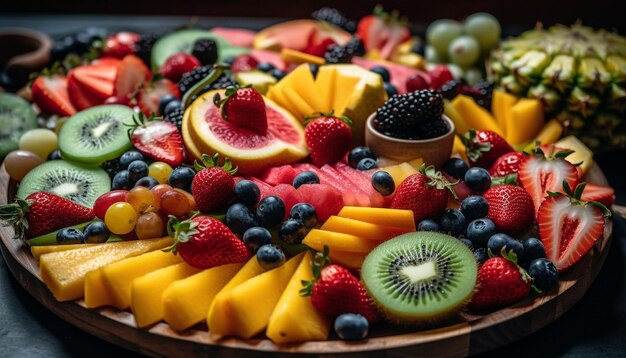 Healthy fruit salad with a variety of ripe colorful berries generated by artificial intelligence