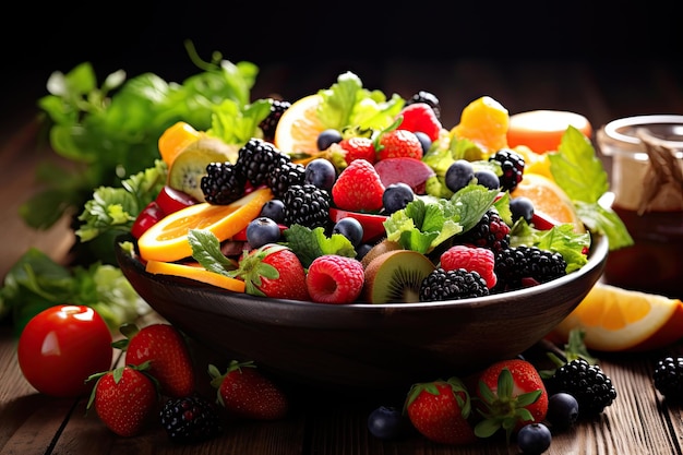 Здоровый фруктовый салат в деревянной чаше на деревянном столе салат с свежими фруктами и ягодами на деревяnном столе здоровая еда ИИ