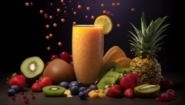 Healthy fruit smoothie juice with fresh fruits and water