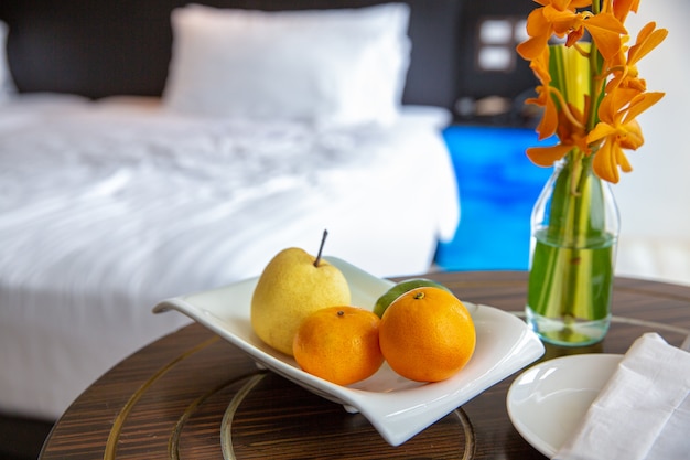 Healthy fruit on the table in room