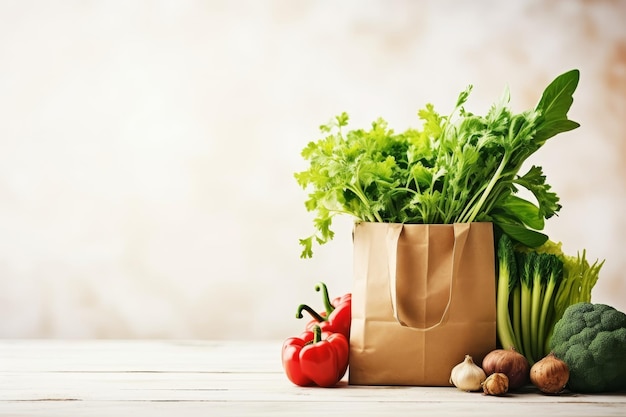 Healthy fruits and vegetables in paper bag food delivery and grocery shopping concept