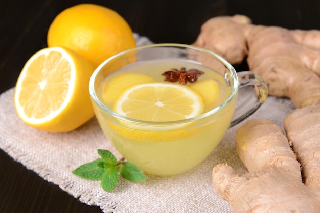 Healthy ginger tea with lemon and honey on table closeup