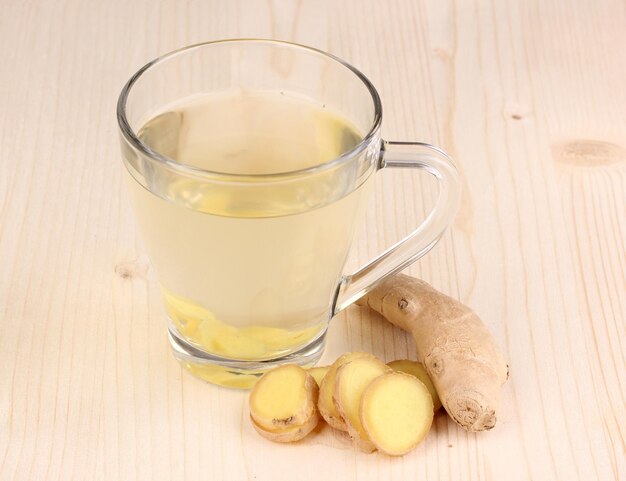 Healthy ginger tea on wooden background