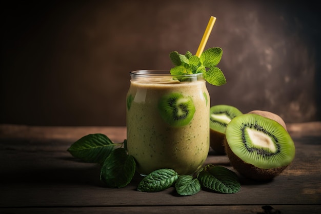 A healthy glass of fresh kiwi smoothie on a wooden background is shown