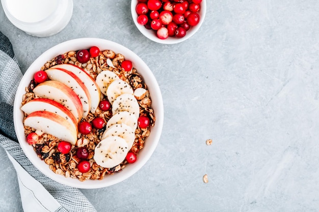 Healthy granola breakfast bowl with apple cranberry banana and chia seeds Top view copy space