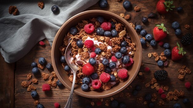 Photo healthy granola for breakfast with berry fruit