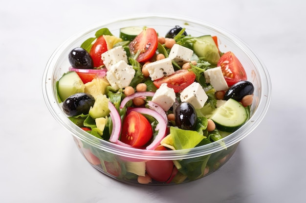 Healthy Greek Salad Packed In Plastic Container For Takeaway Or Food Delivery Presented On White Ma