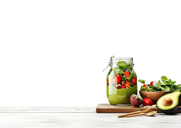 Healthy green smoothie in glass jar with avocado spinach tomatoes cucumber arugula on white wooden b