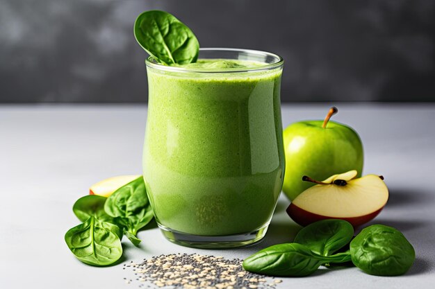 Photo healthy green smoothie with spinach apple and chia seeds in a glass on a gray background healthy green smoothie with chia seeds spinach and apple on a light background ai generated