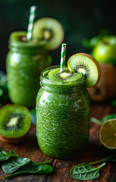 Photo healthy green smoothie with spinach kiwi and apple in jar