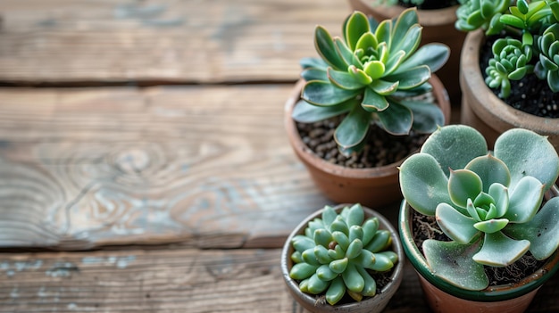 Healthy green succulents potted in terracotta on a wooden table