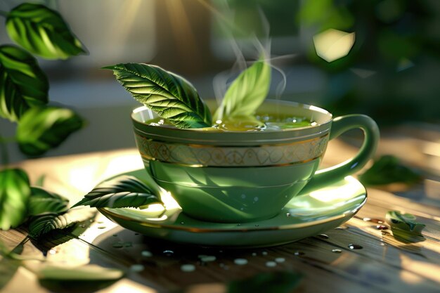 здоровая чашка зеленого чая с чайными листьями