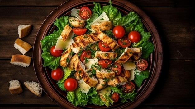 Healthy grilled chicken Caesar salad with tomatoes cheese and croutons North American cuisine