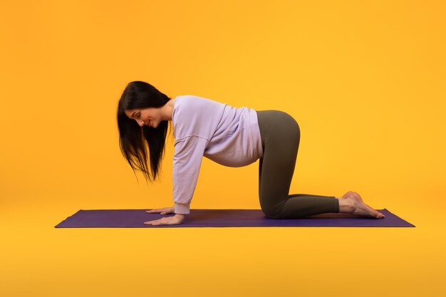 Healthy habits side view of pregnant lady exercising on yoga mat practicing sports on yellow