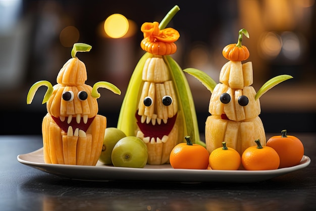 Healthy Halloween treats made with bananas clementines and apples