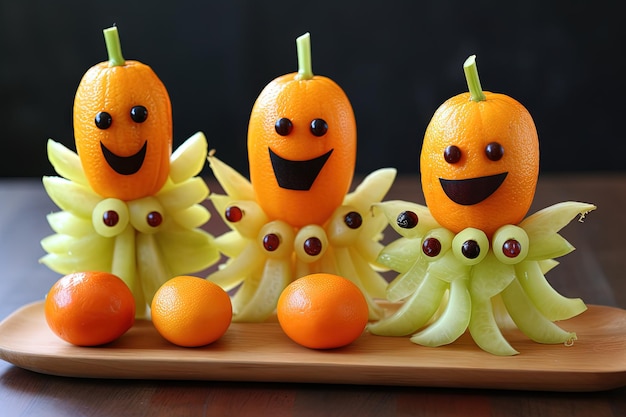 Healthy Halloween treats made with bananas clementines and apples