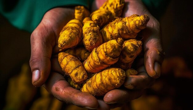 Healthy hand holding fresh organic root vegetable generated by AI