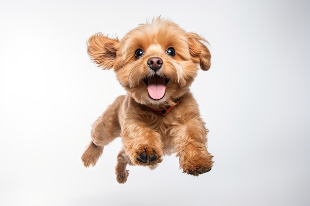 Photo healthy and happy maltipoo dog jumping with fluffy paws in a studio portrait