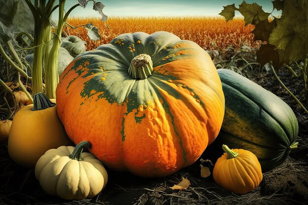 Healthy harvest of pumpkins and squash in vegetable gardens field created with generative ai