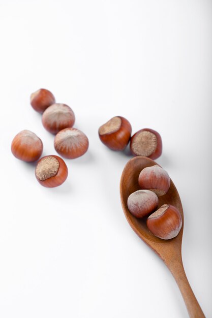 Healthy hazelnuts in shell placed on a white background . 