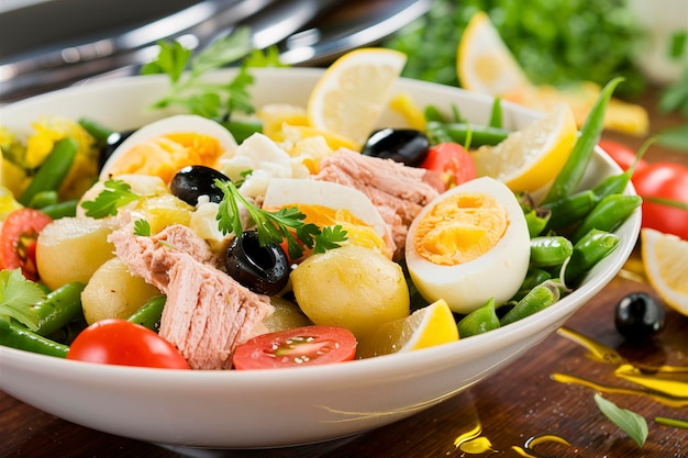 Здоровый салат из тунца, зеленых бобов, помидоров, яиц, картофеля, черных оливков, крупный план в миске на столе.