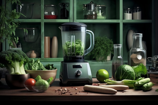 Healthy Home Cooking A Vibrant Table of Green Vegetables and a Versatile Blender