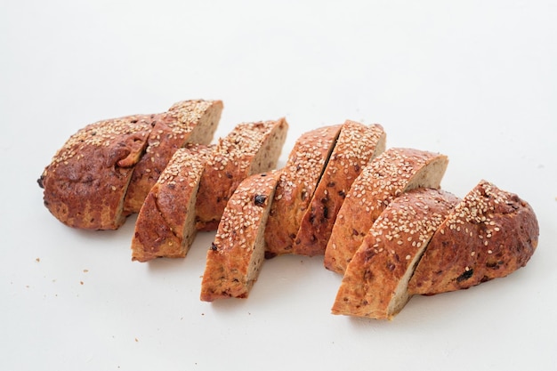 Healthy home made nutrition Wholegrain bread bakery Slices on white background