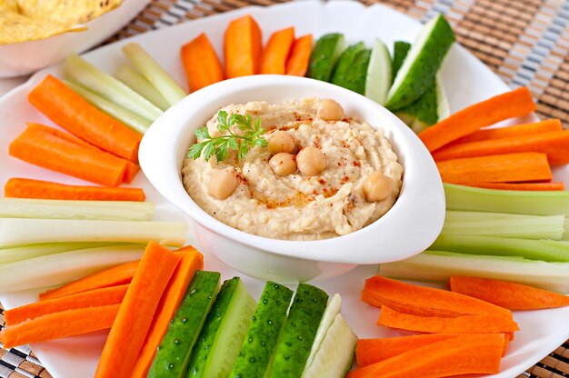 Healthy homemade hummus with olive oil and pita chips