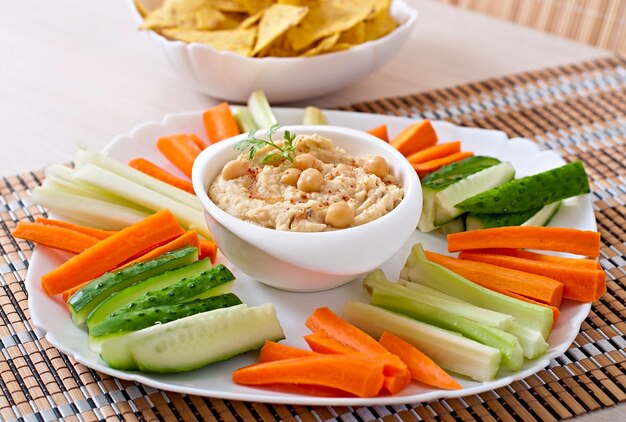 Healthy homemade hummus with olive oil and pita chips