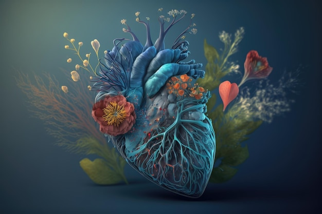 Healthy human heart with flowers in blue robe on blurry background