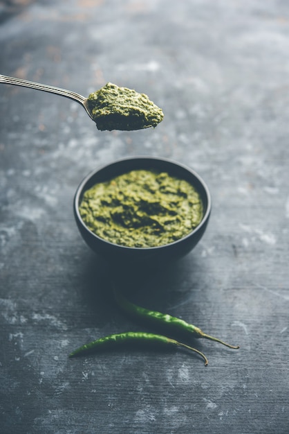 Healthy Indian Green Chutney or Sauce Made using Coriander, Mint And Spices. isolated over moody background. Selective focus