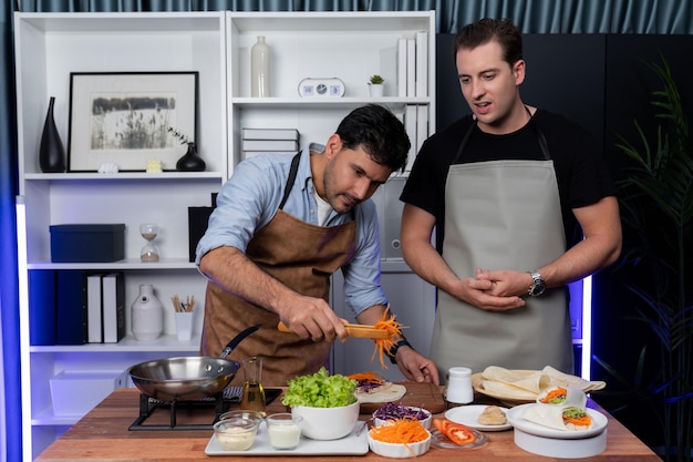 Healthy influencers presenting fresh salad roll power on cooking show Sellable