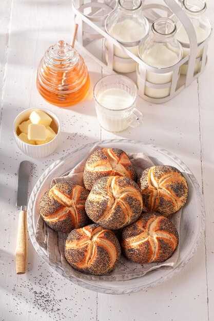 Healthy Kaiser buns with poppy seed for breakfast