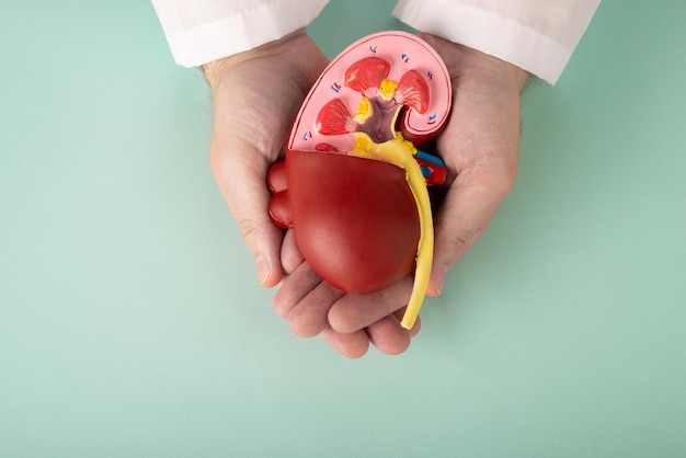 Photo the healthy kidney model in doctor palm hand on blue background