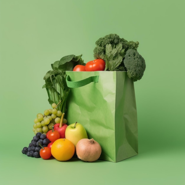 사진 건강한 라이프 스타일과 음식 컨셉: 녹색 바탕에 다양한 신선한 채소와 과일이 담긴 종이 봉투