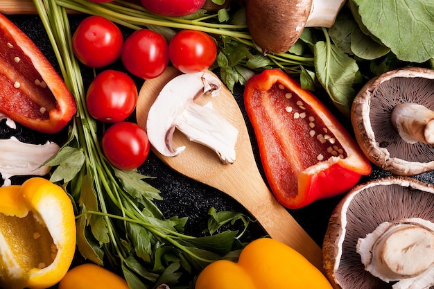 Immagine di concetto di stile di vita sano con diverse verdure sdraiate sul tavolo